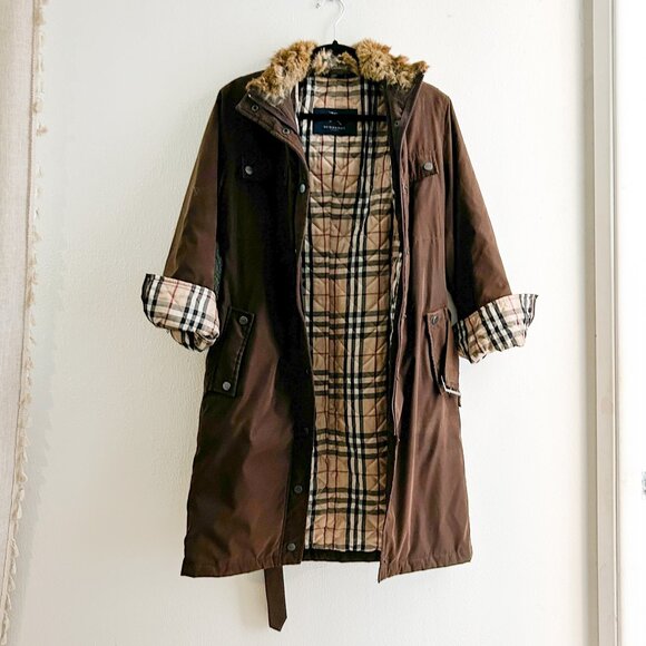 Burberry London Rabbit Fur Trimmed Stand Collar Tench Coat with Belt - Picture 4 of 11